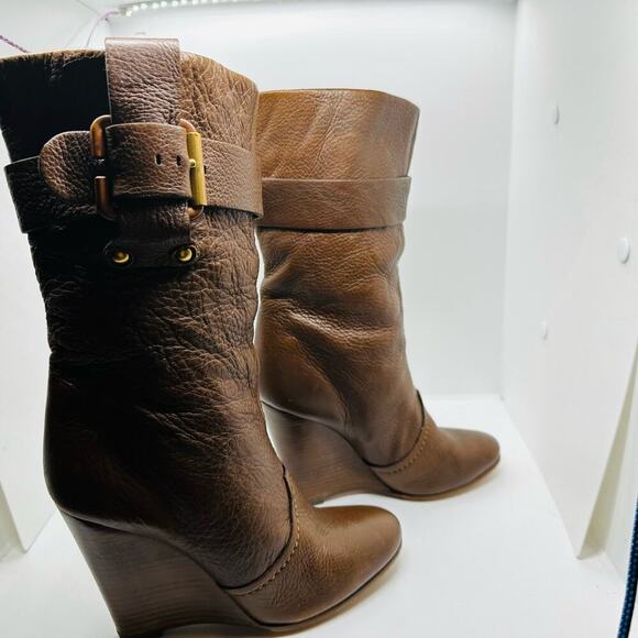 Chloe Prince Brown Mid Wedge Heel Leather Calf Boot Size 6 - Picture 7 of 14